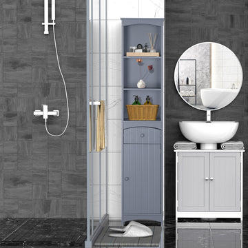 Bathroom Storage Cabinet, Tall Linen Tower with 3-Tier Shelves and Drawer and Door, Grey