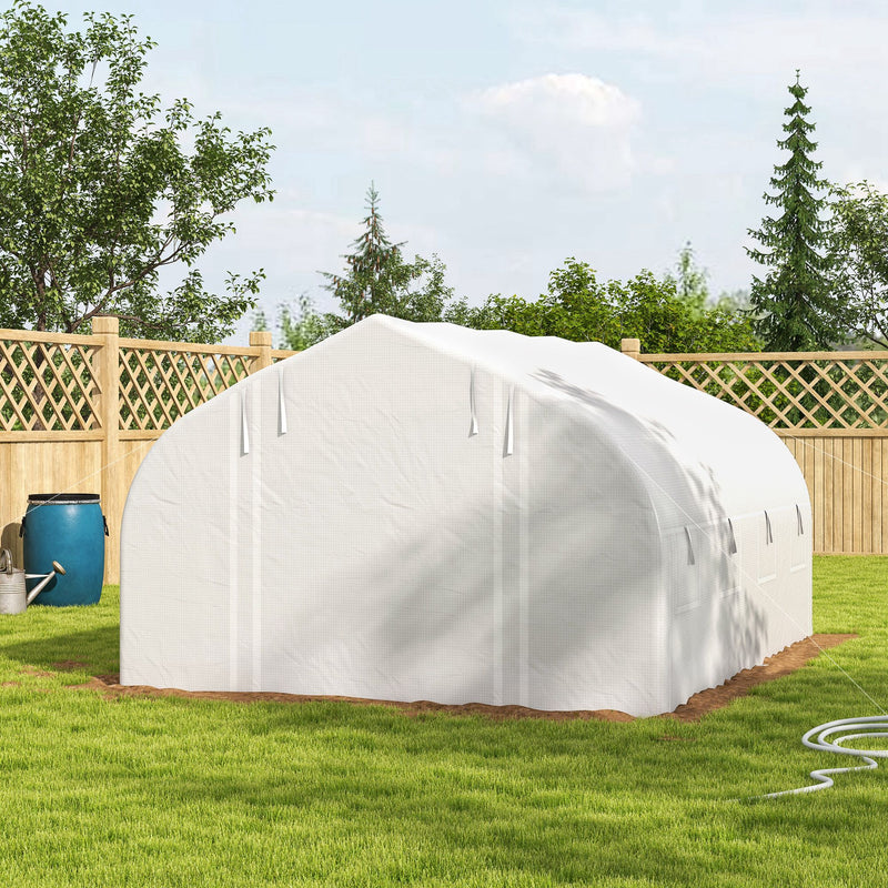 13 x 9.8ft Walk-in Polytunnel Greenhouse, Zipped Roll Up Sidewalls, Mesh Door, 8 Mesh Windows, Plant Labels and Gloves, Wind Resistance, White