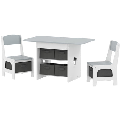 Qaba 3 Piece Kids Table and Chair Set with 6 Removable Drawers, for Classroom, Living Room, Bedroom, Nursery, Light Grey