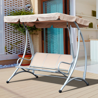 Balançoire à 3 places en métal avec auvent, hamac de jardin extérieur robuste, beige