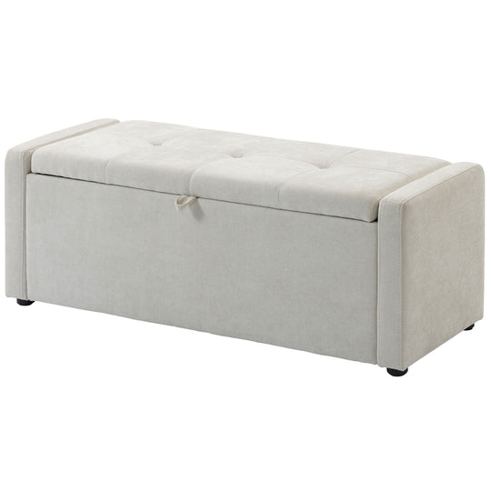 Storage Ottoman Bench, Linen-Look Fabric Upholstered Ottoman with Storage, Wide Padded Seat, Cream White
