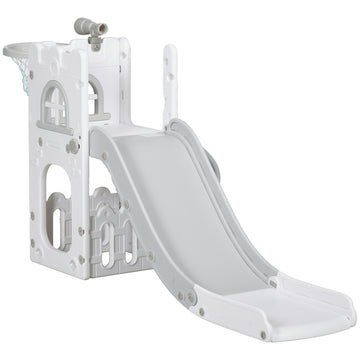 Qaba 5 in 1 Toddler Slide with Basketball Hoop, Climber, Telescope, Storage Basket, for 1-3 Years Kids Indoor Use, Grey
