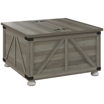 Farmhouse Coffee Table, Square Center Table with Flip-top Lids, Hidden Storage Compartment and Wooden Legs, Distressed Grey