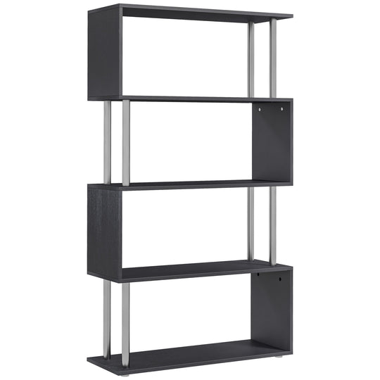 5-Tiers Geometric Wooden Bookcase S-Shaped Storage Bookshelf Display with Metal Frame for Living Room, Bedroom, Home Office, Black