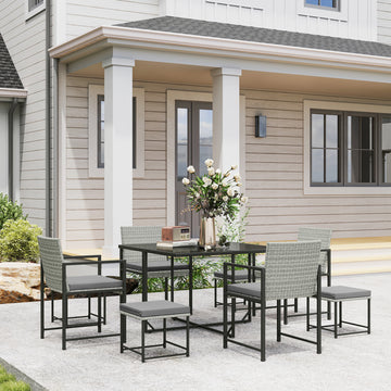 9 Pieces Wicker Patio Dining Set with 4 Armchairs, 4 Stools, Tempered Glass Top, Removable Cushions, Light Grey