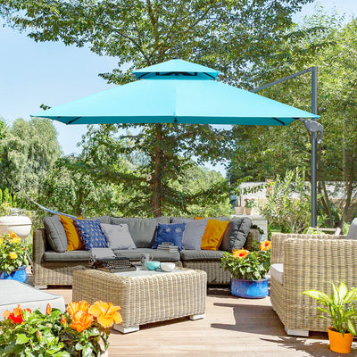 10' x 10' Cantilever Patio Umbrella, Double Top Square Offset Umbrella with 360° Rotation, 5 Adjustable Tilt Angles, Umbrella Cover, Aluminum Pole and Ribs, Light Blue