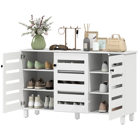 Shoe Cabinet with 3 Slatted Doors, 3-tier Shelving Rack Cabinet with Adjustable Shelves for 15 Pairs of Shoes, White