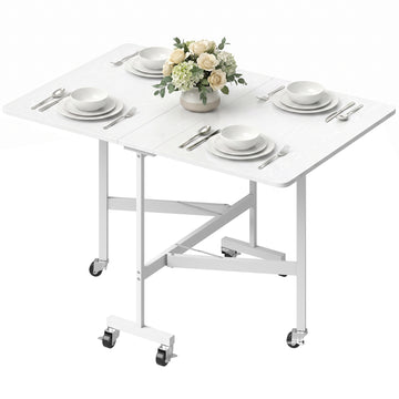 Six-Seater Drop-Leaf Dining Table with Wheels, White