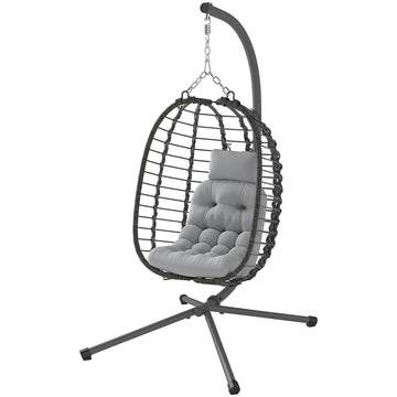 Hanging Egg Chair with Stand, Foldable Wicker Rattan Swing Chair with Thick Cushion, Headrest, Light Grey
