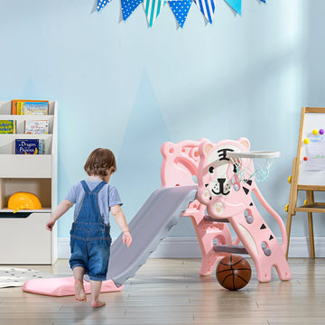 Qaba 3 in 1 Slide for Toddlers, Kids Slide Playset with Basketball Hoop, Climber, for 18-36 Months, Pink