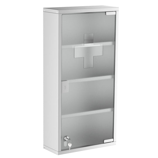 Armoire à pharmacie murale pour salle de bain avec 3 tablettes, cadre en acier inoxydable et porte en verre, verrouillable avec 2 clés, argent, 12 po x 23,5 po