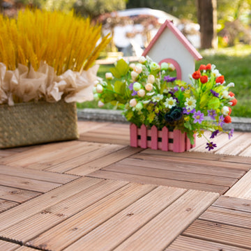 27 Pcs Wood Interlocking Deck Tiles, 12 x 12in Outdoor Flooring Tiles for Indoor and Outdoor Use, Tools Free Assembly, Brown