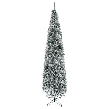 9ft Flocked Christmas Tree, Pencil Christmas Tree with Realistic Branch Tips, Folding Metal Stand, Green