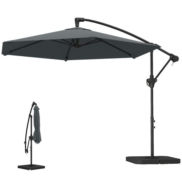 9.7 ft Offset Patio Umbrella with Water/Sand Fillable Weights, Garden Hanging Parasol with Locking Latch, Dark Grey