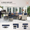 6pcs Outdoor Rattan Sofa Set Garden Wicker Sectional Couch Furniture Set with Dining Table and Chair Deep Blue