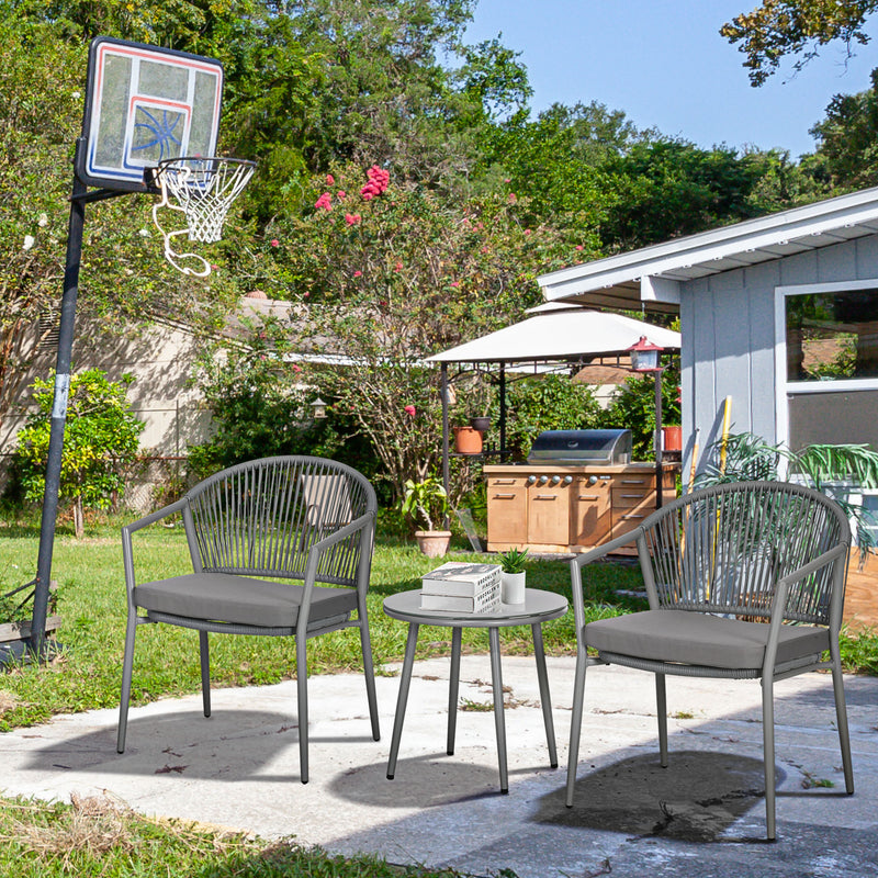 3-Piece Rattan Bistro Set, Garden Seating Group with 2 Armchairs and Coffee Table, Balcony Furniture Set, Grey