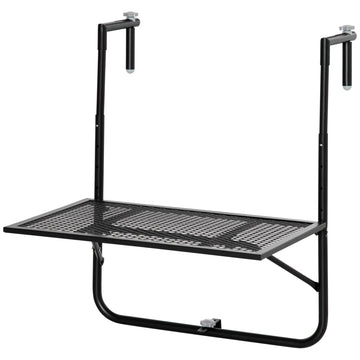 Balcony Hanging Table, Metal Wall Mount Desk, Adjustable Folding Balcony Deck Table for Patio and Garden, Black