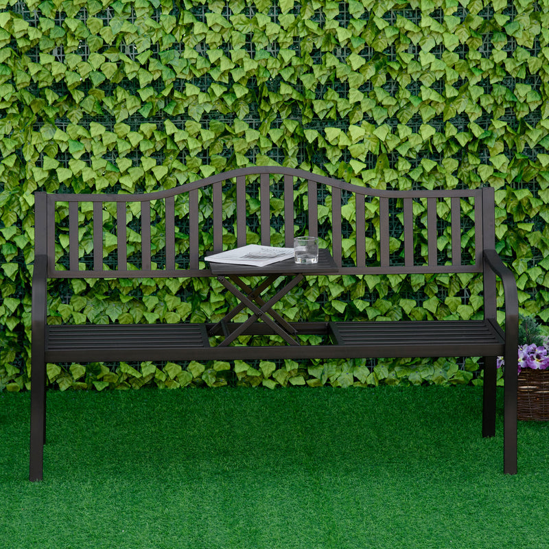 Metal Outdoor Bench with Liftable Middle Table, Patio Loveseat, Garden Bench for Lawn, Porch, Seats 2–3 People, Black