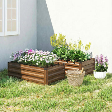 Set of 2 Galvanized Raised Beds for Garden, Outdoor Planter Box for Flowers, Herbs and Vegetables, Dark Brown