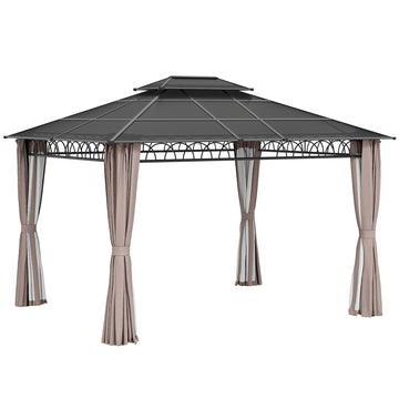 10' x 12' Outdoor Gazebo Canopy, Double Roof Hardtop Gazebo with Polycarbonate Roof, Steel Frame, Nettings and Curtains, for Garden, Lawn, Backyard and Deck