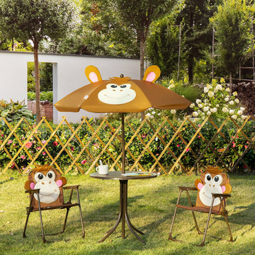 Kids Folding Picnic Table and Chair Set Pattern Outdoor Garden Patio Backyard with Removable & Height Adjustable Sun Umbrella Brown