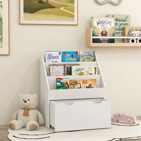 Kids Bookshelf with 3 Tier Display Shelves, Drawer for Nursery, White