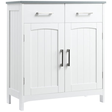 Armoire de salle de bain autoportante, meuble de rangement avec 2 tiroirs, doubles portes et étagère ajustable, blanc