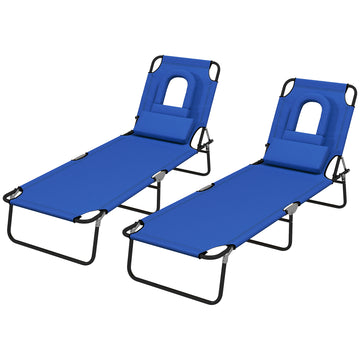2PCS Adjustable Outdoor Lounge Chair, Garden Folding Chaise Lounge with Face Hole Reclining Tanning Chair Seat, Folding Camping Beach Lounging Bed w/ Head Support, Blue