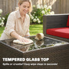 3 Pieces Patio Furniture Set with Cushions, Outdoor PE Rattan Wicker Conversation Corner Sofa Set with Glass Top Table, Red