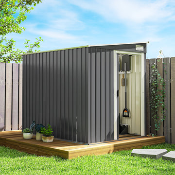 5x7 Garden Shed, Lean-to Metal Storage with Foundation, Sliding Door & 2 Vents for Garden Tools, Dark Grey