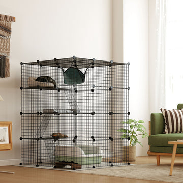 4 Tier DIY Cat Cage Indoor, Catio for 1-3 Cats with Hammock, 5 Doors, 3 Ramps, 3 Jumping Platforms, for 1-3 Cats, Black