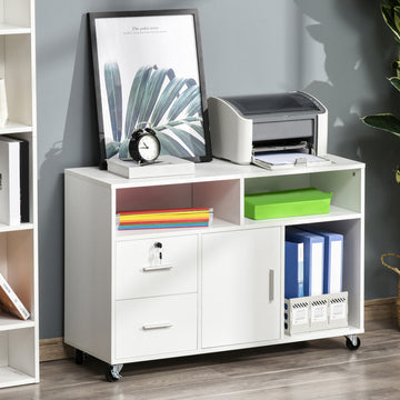 Lateral Filing Cabinet with Open Storage Shelf, Printer Stand Home Office Mobile File Cabinet with Wheels, Lockable Drawer, White