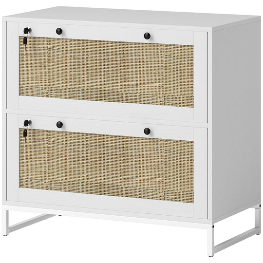 2-Drawer Filing Cabinet with Lock, Rattan File Cabinet with Adjustable Hanging Bar, White