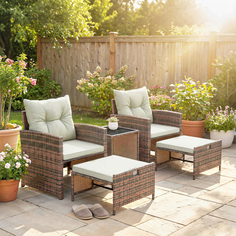 5 Piece Patio Furniture Set, Wicker Patio Chairs with Ottomans, 2-Tier Glass Coffee Table and Cushions