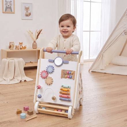 Wooden Baby Walker, Baby Push Walker w/ Adjustable Speed, Rear Storage for Learning to Walk, Gift for 1.5-3 Years, White