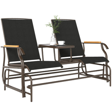 Outdoor 2-Person Glider Bench, Outside Swing Glider Chair Loveseat with Breathable Mesh, Table, Steel Frame, Black