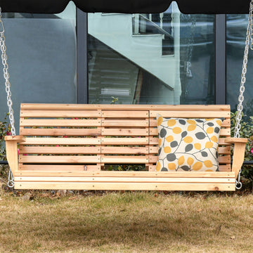 3 Seater Patio Swing Chair Wood Porch Swing with Foldable Table, Cup Holders, Steel Chains for Garden, Yard, Natural