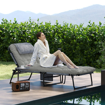 Folding Lounge Chair with 4-level Reclining Back & Cushion, Grey