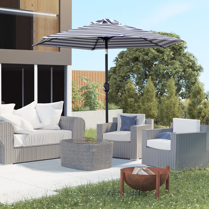 Patio Sun Umbrella, Outdoor Parasol with 6 Ribs, Blue Stripes