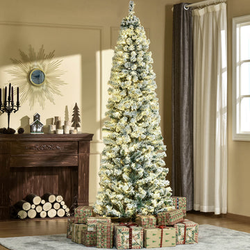 7.5ft Christmas Tree Artificial Snow Flocked Christmas Tree with Warm White LED Light, Holiday Home Xmas Decoration, Green White