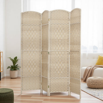 6 Ft Tall Folding Room Divider, 4 Panel Portable Privacy Screen, Hand-Woven Partition Wall Divider, Light Oak