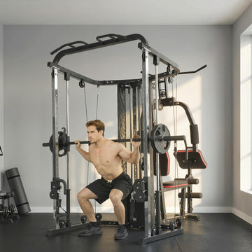 Soozier Home Multi Gym Smith Machine with 143LBS Weight Stack, Cable Pulley System, Chest Station, Preacher Pad, Leg Developer