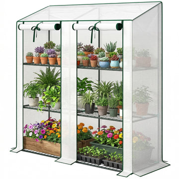Portable Mini Greenhouse Green House with 3 Tier Shelves, Reinforced PE Cover, Roll-up Doors, 56.3