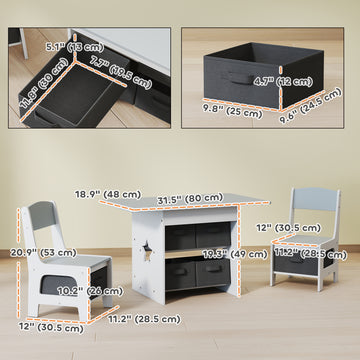 Qaba 3 Piece Kids Table and Chair Set with 6 Removable Drawers, for Classroom, Living Room, Bedroom, Nursery, Light Grey