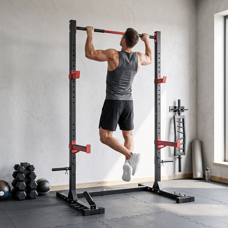 Soozier Power Cage Squat Rack, 1100 lb Capacity Power Rack with Pull-Up Bar, Adjustable Width, Adjustable J-Hooks, Safety Arms