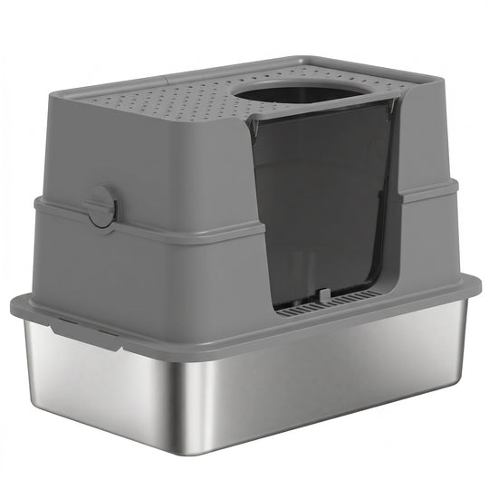 XL Stainless Steel Litter Box w/ 100° Flip Top, Scoop, Side Top Dual Entry, Odor Free, Easy Cleaning, Anti Leakage