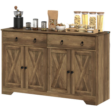 Kitchen Sideboard Cabinet with 2 Drawers, 4 Barn Doors and 2 Adjustable Shelves, Buffet Table for Living Room, Tan