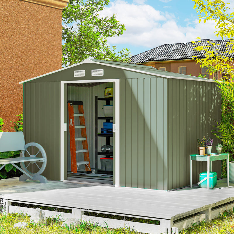 9.1'x6.4'x6.3' Garden Storage Shed w/ Foundation Kit Metal Tool Storage House w/ Double Doors, Light Green