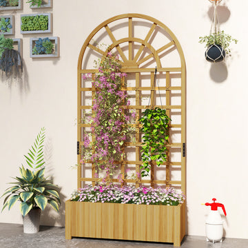Wooden Raised Garden Bed with Lattice Trellis, Outdoor Elevated Planter Box with Drainage Holes for Climbing Plants