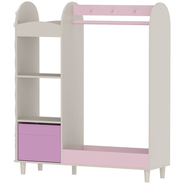 Qaba Kids Clothing Rack, Kids Wardrobe with Glowing Lights Mirror, Non-Woven Drawer and Shelves for Bedroom, Ages 3-8, Pink